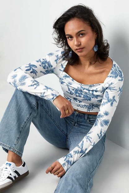 Long sleeve flower top - blue STRETCH