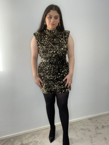Birnaz Clothing : Sophia glitter Dress - Black/Gold