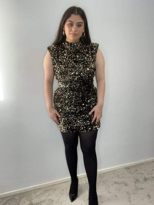Birnaz Clothing : Sophia glitter Dress - Black/Gold