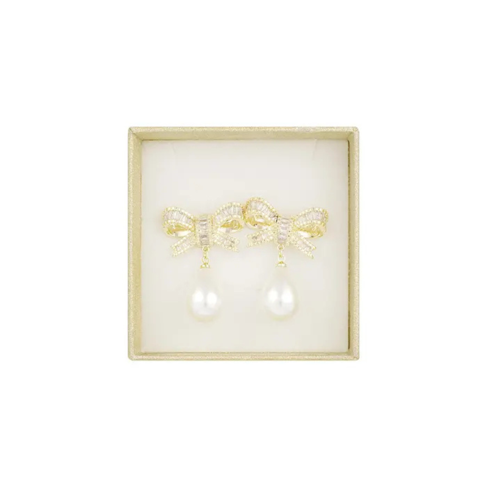 Birnaz Clothing : Pearl Bow Earrings (Gold) 1