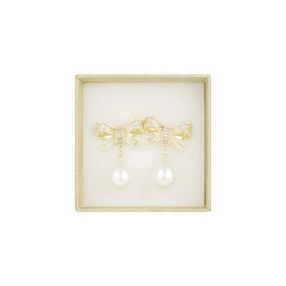 Birnaz Clothing : Pearl Bow Earrings (Gold) 1